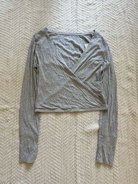aerie Light Gray Ribbed Wrap-Front Long Sleeve Top